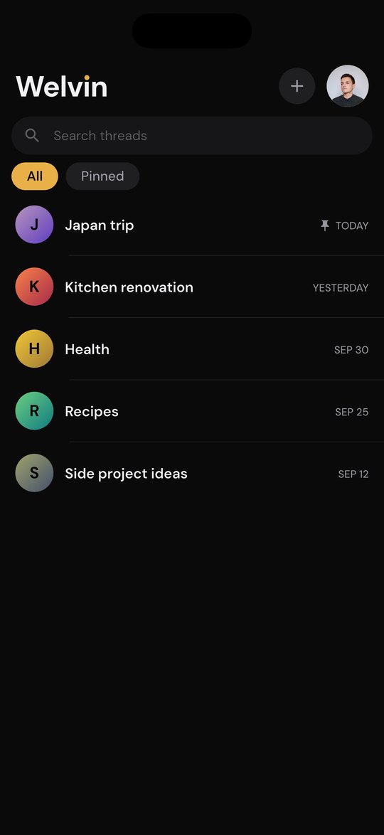 Welvin Home screen listing threads: Japan trip (pinned), Kitchen renovation, Health, Recipes and Side project ideas